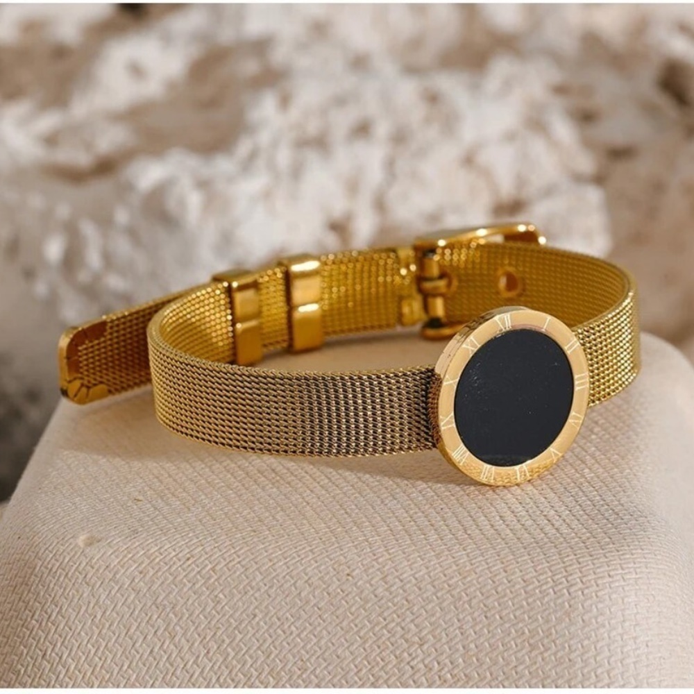 18k Gold Roman Numerals Round Black Acrylic Adjustable Bracelet Bangle